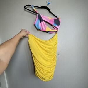 Tiger Mist Mini Dress Size Small Yellow Pink Cut Out Beach Travel 2 Piece Attach